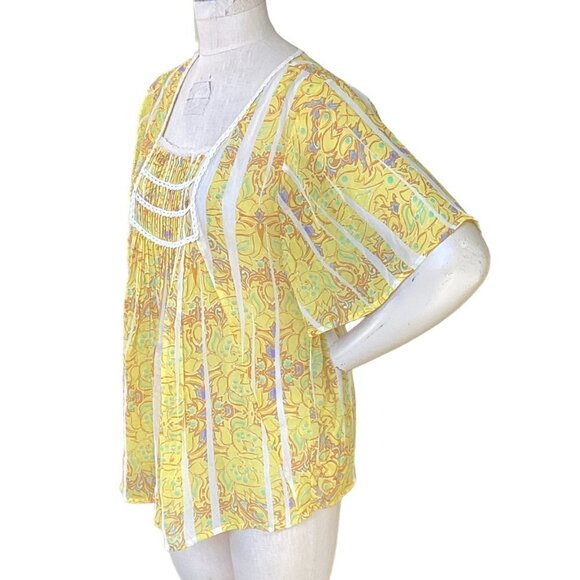 Nine West Vintage America "Dawn" BOHO Sheer Yellow Top Sz S #220K - Picture 4 of 7